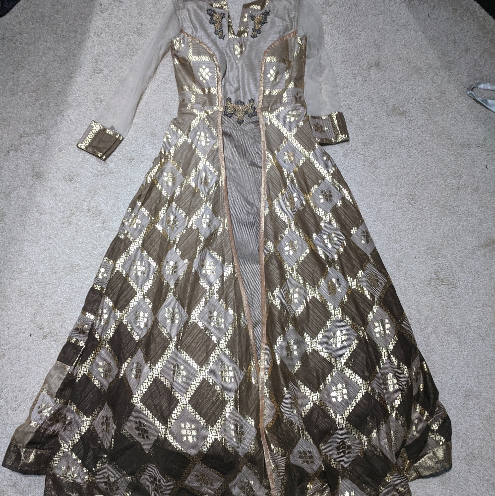 Shalwar Kameez Gold and Brown Gorgeous Long Dress